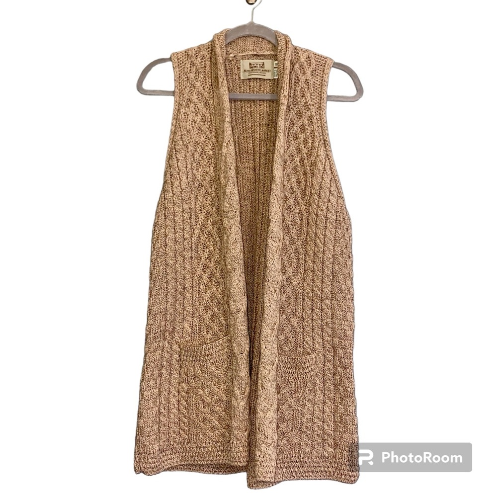 VTG Aran Sweater Market Made in Ireland Merino Wool Tan Cable Knit Vest Sz XL